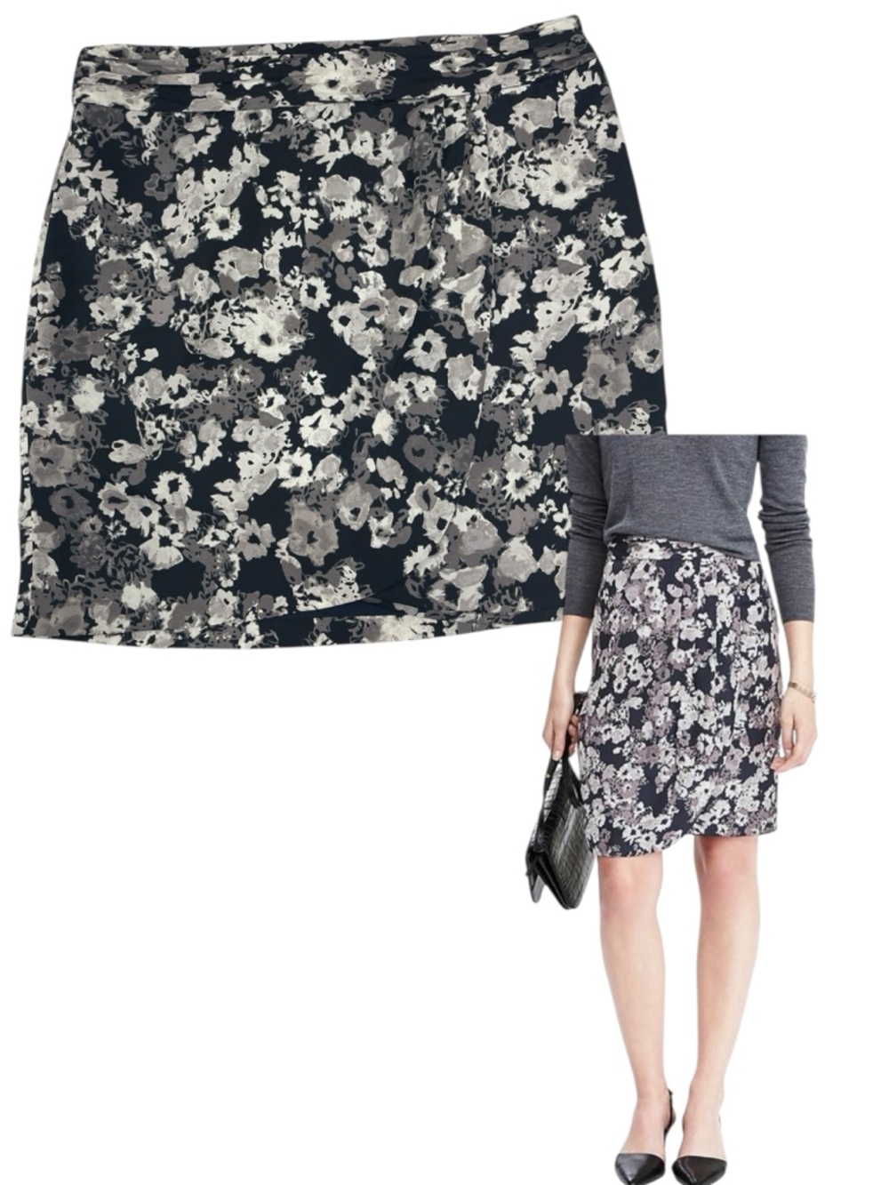 Banana Republic Floral Ruched Tulip Wrap Skirt Navy & Gray Size 8